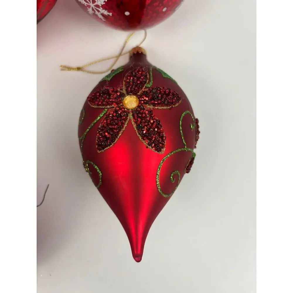 VTG Lot of 6 Glitter Glass Ornaments Round‎ Sphere Red Gold Heavy Tree Decor